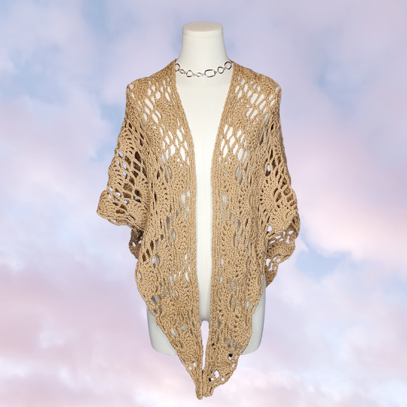 Vintage Tops - Vtg 70s Tan Beige Hand Knit Beach Cover Up Festival Boho Coachella Hippie Shawl